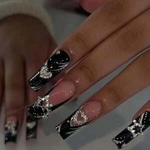 Black Press on Nails Long Square BAOYAALIN, Y2K Fake Nails with 3D Alloy Charms Design Gel Glue on Nails for Women Girls Full Cover Acrylic Artificial False Stick on Nail for Wedding 24Pcs in 12 Sizes