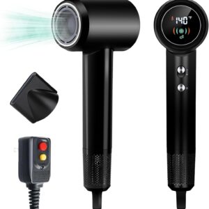 Hair Dryer Negative Ionic Blow Dryer with 110000 RPM High-Speed Motor for Fast Drying, HD Display Hairdryer with Magnetic Nozzle, 5 Temps / 2 Speeds, Low Noise Portable for Home, Travel & Salon