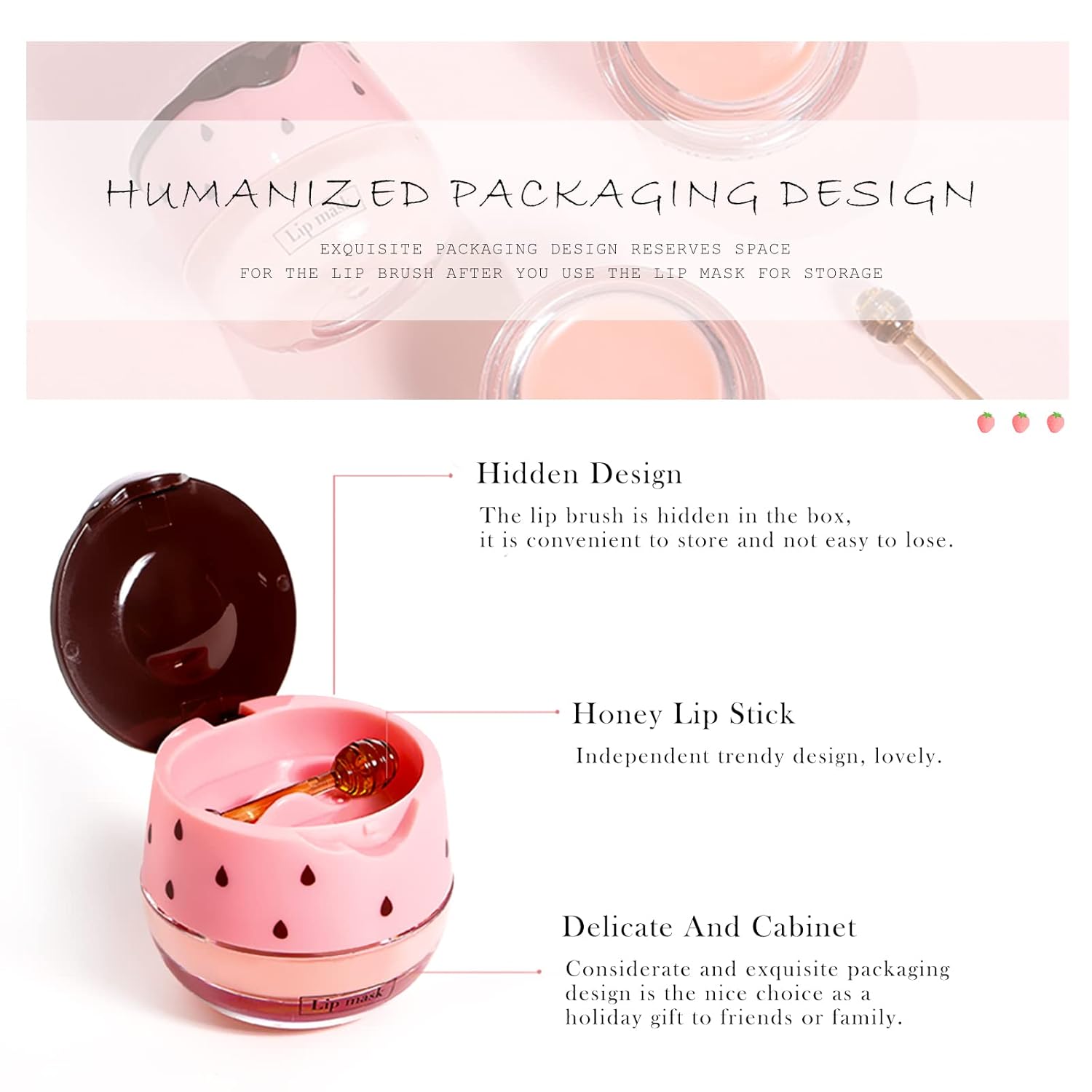2PCs Strawberry Lip Sleeping Mask,Bee Lip Balm Honey Pot, Bee Lip Honey Pot with Wand Nourishes Lips, Overnight Strawberry Propolis Honey Balm Lip Mask for Lip Care Moisturize Lip Skin - Image 3