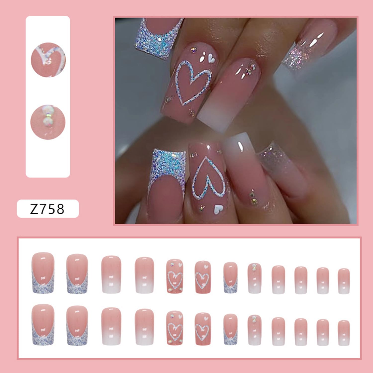 Blue Glitter French Tip Heart Press on Nails Medium Square Fake Nails Glossy Gradient False Nails with Rhinestones Design Reusable Stick on Nails Glue on Nails Acrylic Artificial Nails for Women - Image 2