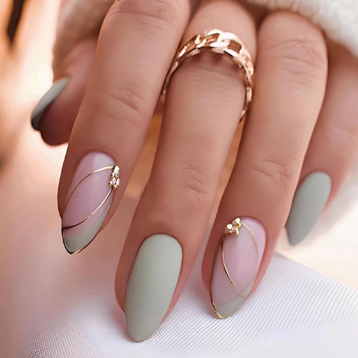 Press on Nails Medium Almond Fake Nails Green False Nails French Tip Acrylic Nails with Gold Lines Rhinestones Design Stick on Nails Glossy Glue on Nails Artificial Nails for Women Manicure 24Pcs