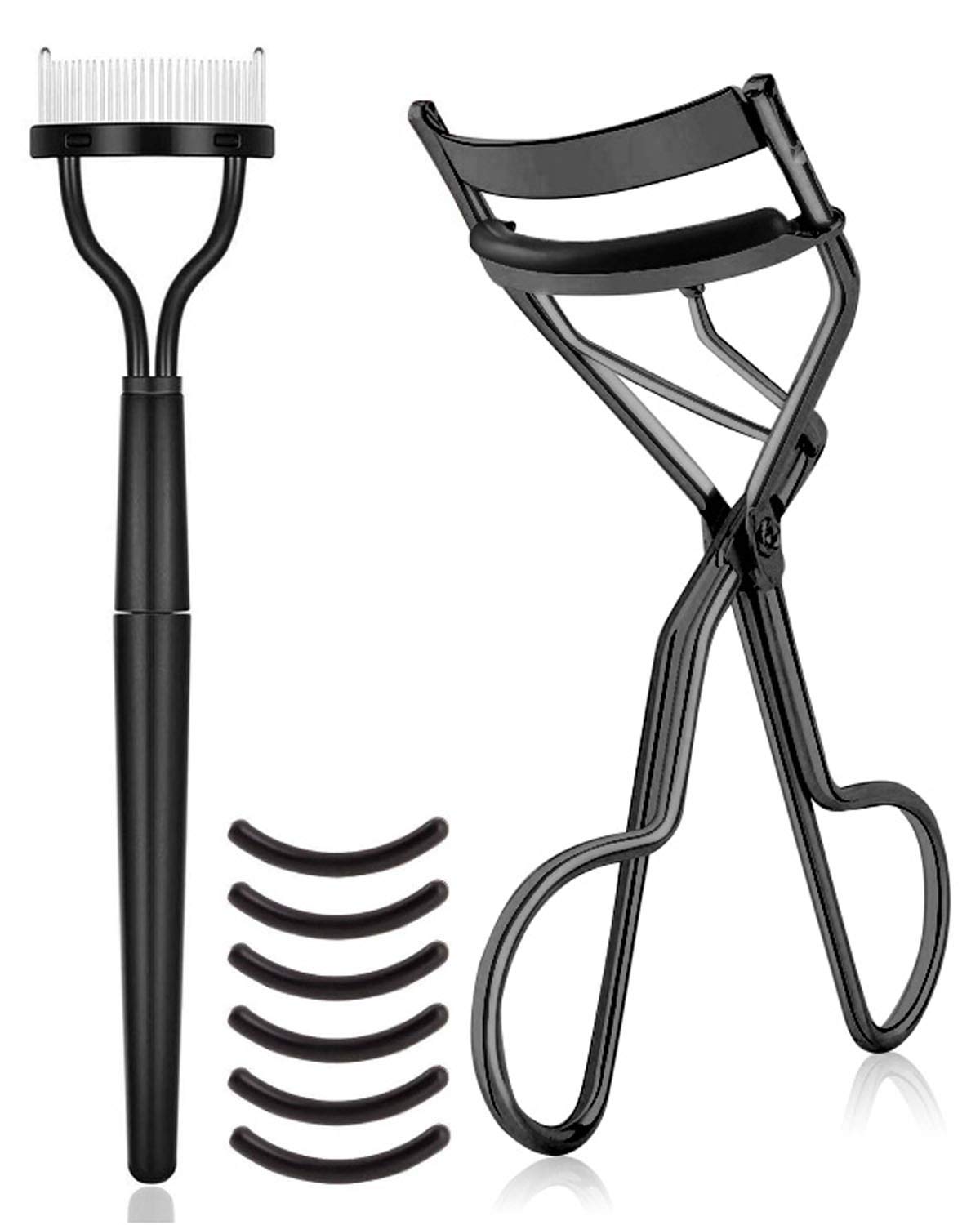 Eyelash Curler Kit Metal Lash Curlers with Eyelashes Separator Comb Tools & 6 Replacement Refill Pads (Black)
