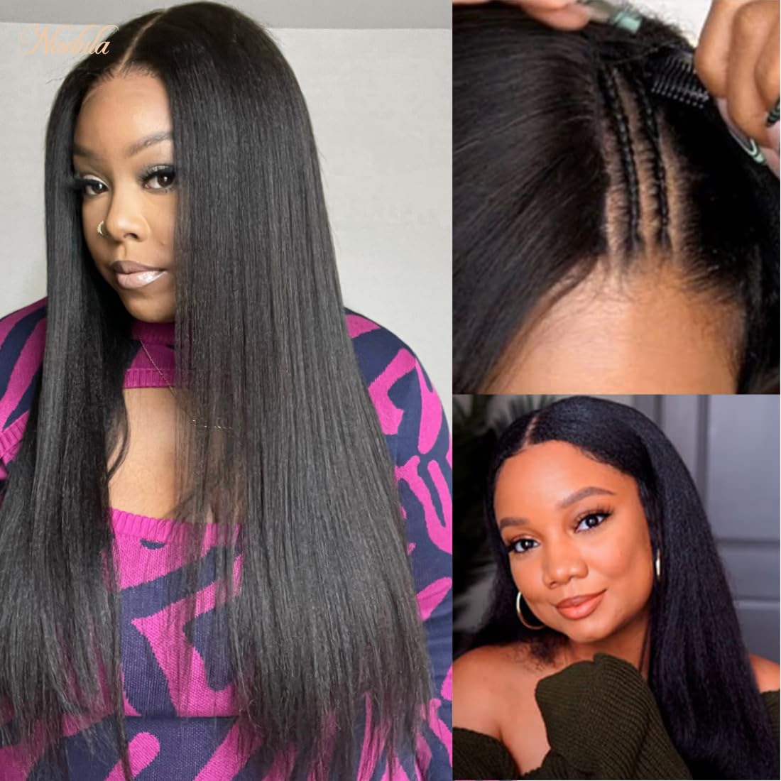 Nadula V Part Wig Yaki Straight Human Hair No Leave Out Glueless Upgraded U Part Wigs for Women,10A Yaki Straight V-part Wigs V Shape Clip in Half Wig Ready to Go 150% Density 16inch - Image 4