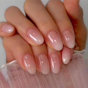 Short Oval Press on Nails Almond Acrylic Glue on Nails Pink White False Nails with Gradient Design Short Glossy Fake Nails Ombre False Nail Nude Gel Stick on Nails White French Nail Tip for Women Girl