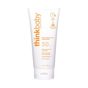 Thinkbaby SPF 50+ Baby Mineral Sunscreen – Safe, Natural Sunblock for Babies - Water Resistant Sun Cream – Broad Spectrum UVA/UVB Sun Protection – Vegan Baby Sunscreen Lotion, 6 Oz.