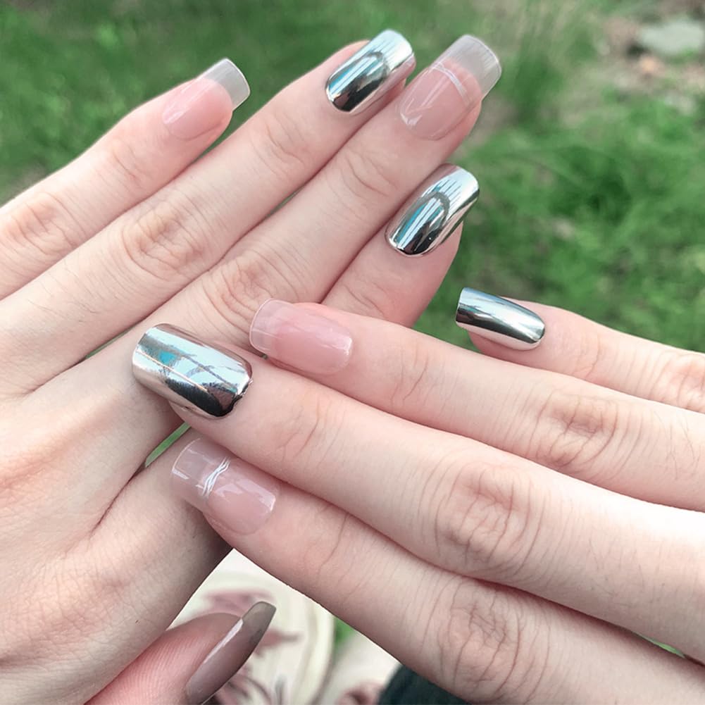 Medium Chrome Mirror Press on Square Nails - 24pcs Clear Acrylic Artificial Stick on Nails for Women