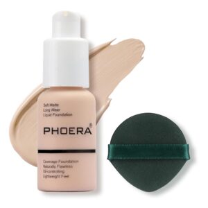 PHOERA Foundation Makeup, Flawless Soft Matte Oil Control Liquid Foundation, Full Coverage Mattle Oil-Control Concealer for Older Women, Great Choice For Gift (#101 Porcelain)
