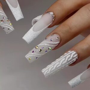 MISUD Press on Nails Long Square Fake Nails Matte Glue on Nails White French Tip Acrylic Nails Squoval Artificial Nails Rhinestone False Nails with Swirl Design for Wedding 24 pcs