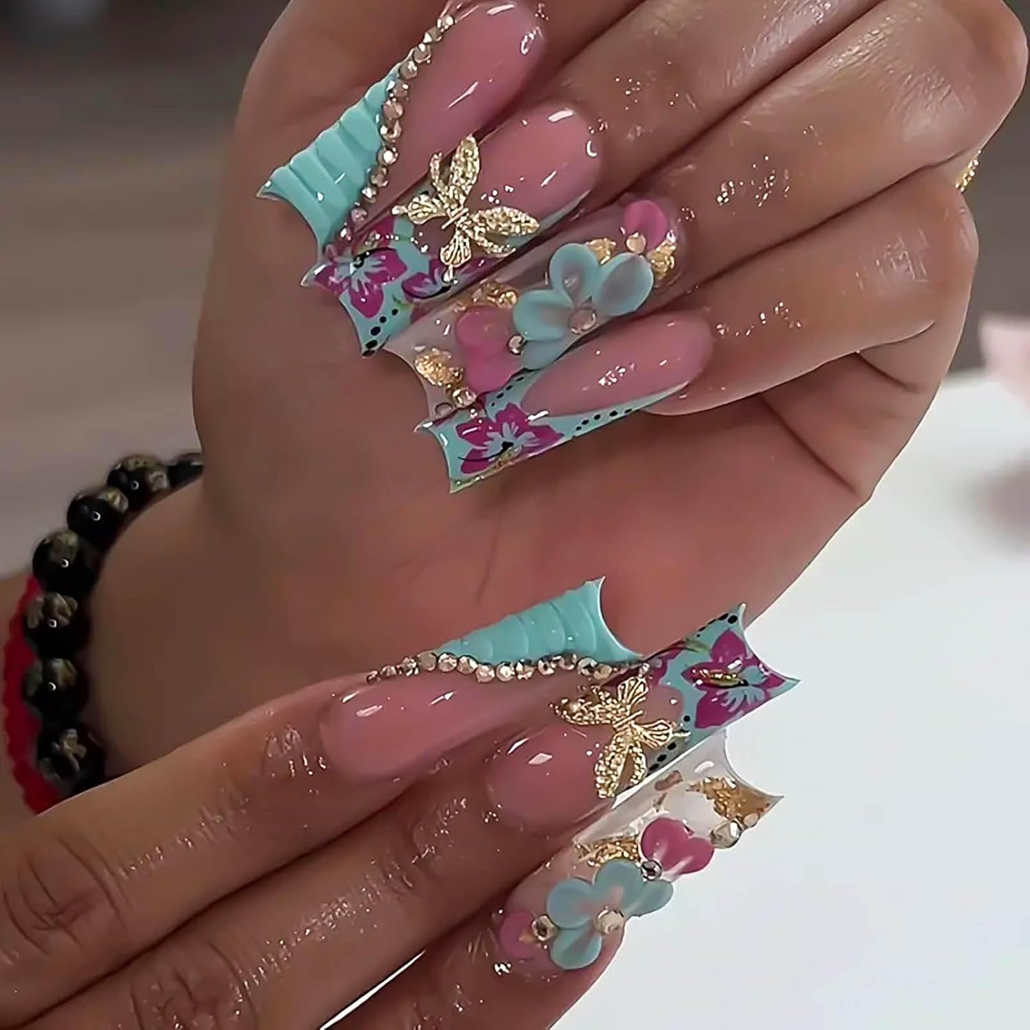 Long Press on Nails French Tip Fake Nails Blue Square False Nails with Gold 3D Butterfly Designs Pink Full Cover Artificial Nails Glossy Glue on Nails Fall Stick on Nails for Women 24Pcs