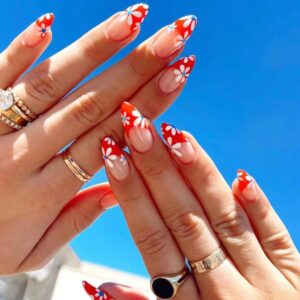 Almond Shaped Press on Nails Medium French Red Acrylic Fake Press Ons Nails with Simple Flower Design Glue on Full Cover Artificial False Stick on Nail for Girls Women Daily Wear 24PCS