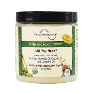 Earth's Enrichments Organic Pomade - Hair Food for Growth, Contains Tea Tree, Rosemary, Lavender Oil, Natural Hair Grease for Thick, Straight, Curly, Wavy, Thin Hair, Women, Men, Kids, USDA, 8oz