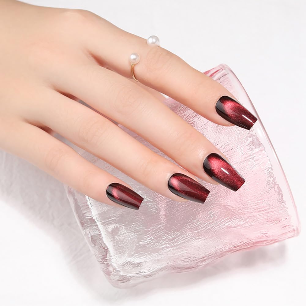 Medium Coffin Press on Nails, Wine Red Cat Eye Press on Nails, Fashion Gel Fake Nails, Reusable Acrylic Fake Nails, Glossy Stick on Nails for Women Gift, Glue on Nails Kit 24 Pcs, Midnight Blaze - Image 2