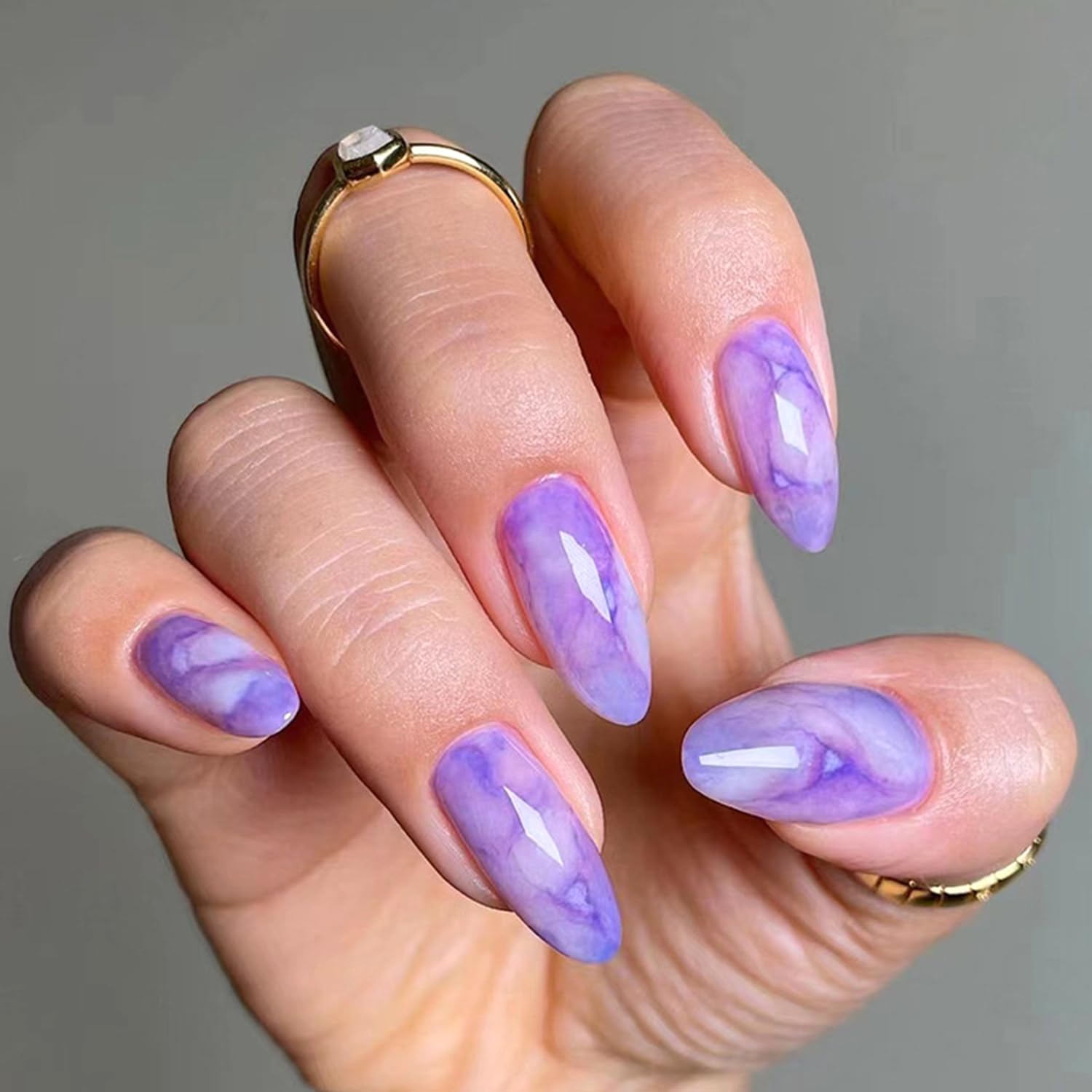 Purple Gradient Press on Nails Long Oval Fake Nails Glossy Almond Glue on Nails Reusable Acrylic Stick on Nails for Women DIY Manicure Decoration