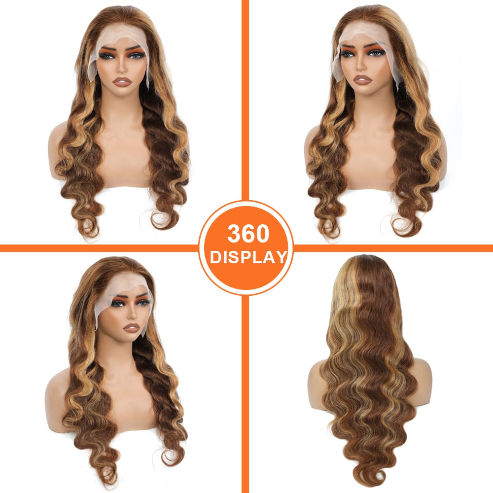 Ombre Lace Front Wig Human Hair 26Inch Highlight Wig Human Hair 13x4 HD Transparent Body Wave 180% Density Honey Blonde Human Hair Wigs for Women Pre Plucked - Image 4
