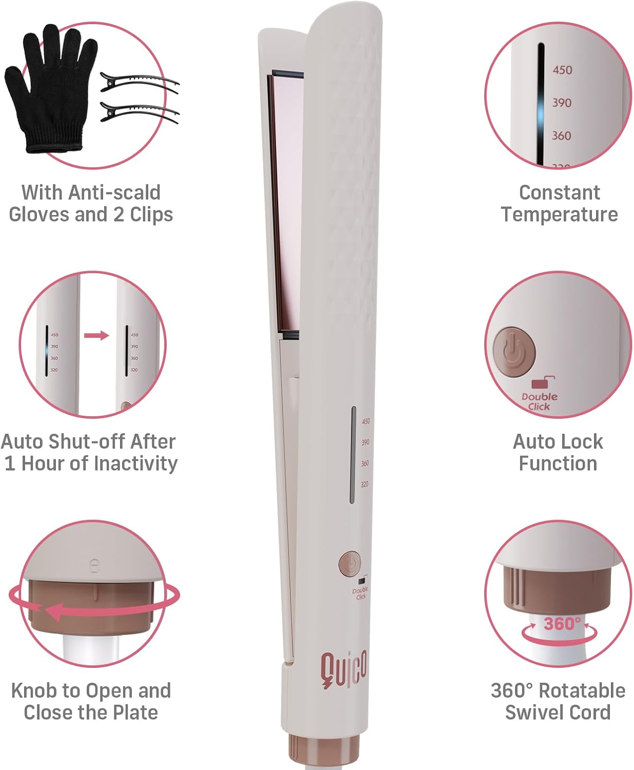 Quico Hair Straightener, 110-240V Global Travel Hair Straighteners for Women, 15s Fast Heating, Professional Negative Ion Flat Iron, Temp Memory, 320℉-450℉, Auto-Off, with Glove and Clips, Gift, Pink - Image 7