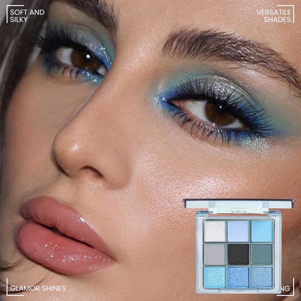 9 Color Blue Smoky Matte Shimmer Eyeshadow Palette High Pigmented Eye Makeup Powders - Image 2