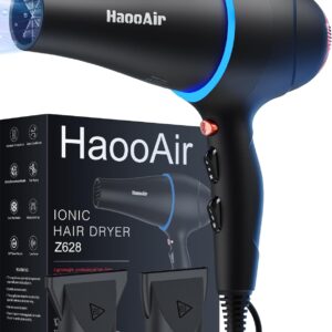 Hair Dryer with Diffuser, Professional Ionic Hair Dryer with Blue Light AC Motor, 2000W Fast Drying Hair Blow Dryer (Black with 2*Nozzle)
