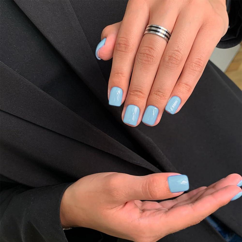 Baby Blue Press On Nails Short Square, KXAMELIE Natural Gel Nails Glue on Acrylic Nails Press ons Featured Protective Coat Thick Reusable Fake Nails Solid Color 24 Short Coffin Artificial Nails - Image 2