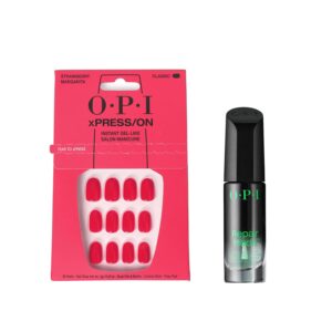 Bundle of OPI xPress/On Press On Nails, With Nail Glue, Short Pink Nails,Strawberry Margarita + OPI Repair Mode Bond Building Nail Serum, Clear, 0.3 fl oz