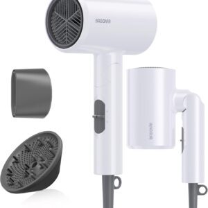 Blow Dryer with Diffuser, 1875W Fast-Drying, Foldable, Ionic Turbo Hair Dryer with Diffuser & Concentrator Nozzle, Compact, 3 Heat & 2 Speed Settings, 8FT Cord for Home Salon, White