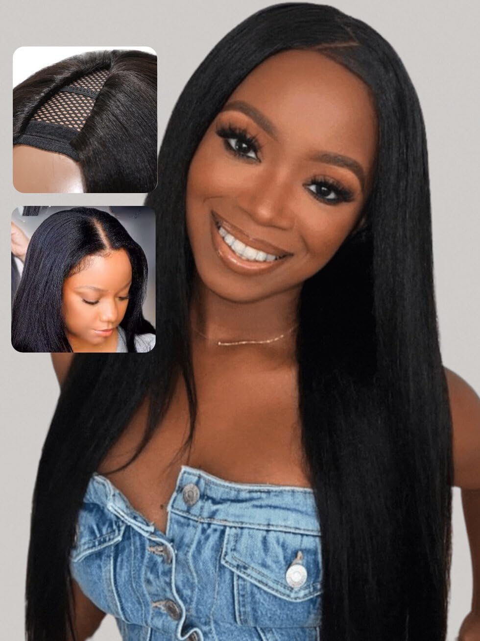 UNICE EasiContour V Part Wigs Human Hair Yaki Straight Glueless Wigs Human Hair Clip in Vpart Wig No Sew in No Glue Upgrade U Part Human Hair Wig Beginner Friendly 16 inches
