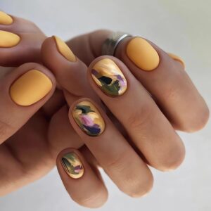 IMSOHOT Short Press on Nails Square Yellow Matte Fake Nails Abstract Graffiti Cute False Nails with Designs Full Cover Glue on Nails Squoval Acrylic Nails 24Pcs