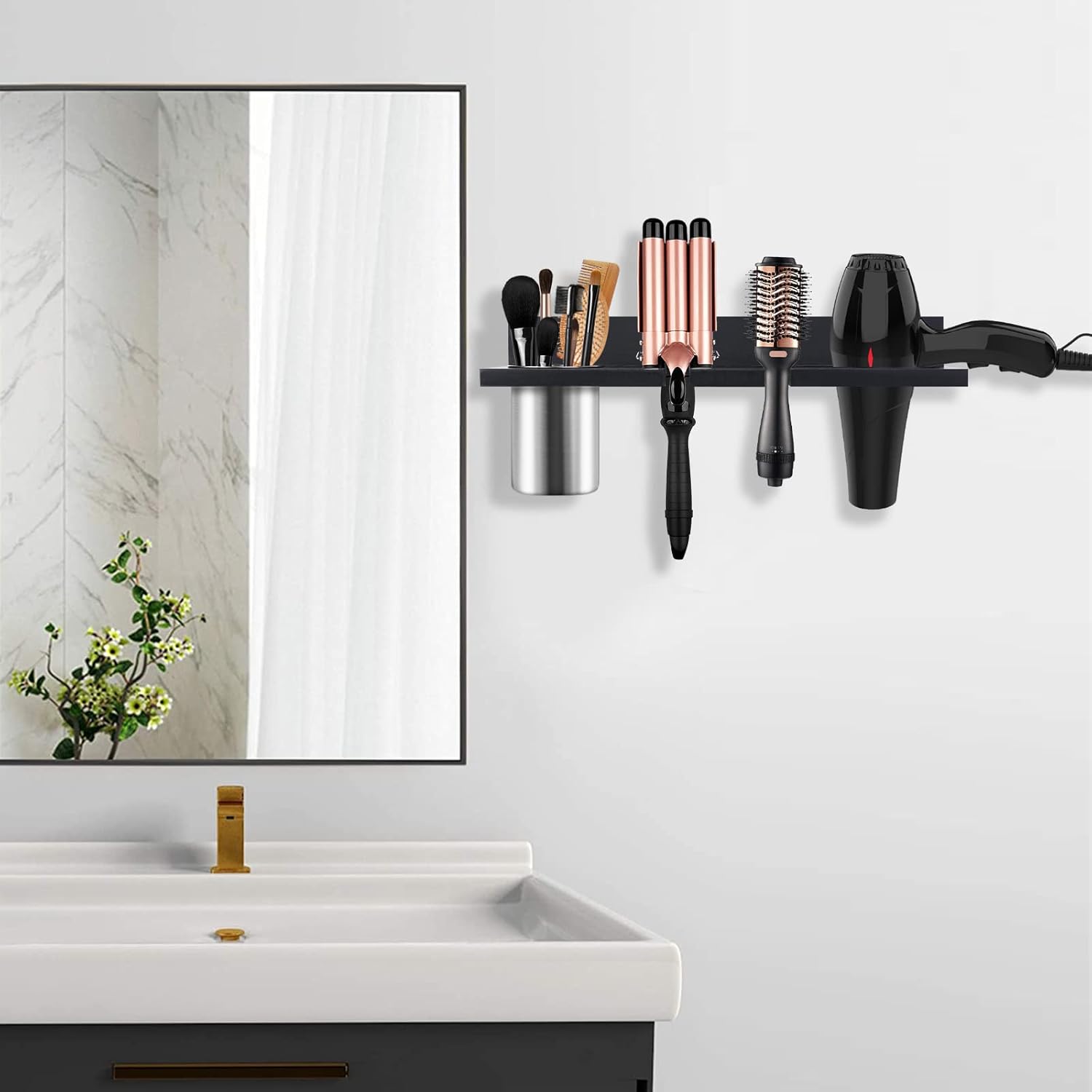 Wooden Hair Tool Organizer - Wall Mounted Blow Dryer Holder for Bathroom, Rustic Styling Tools Organizer for Flat Iron, Curling Wand, Straighteners, Brushes, Black - Image 2