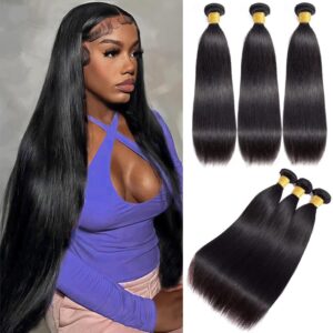 JTMMP 12A Straight Bundles Human Hair 16 18 20 Inch 100% Unprocessed Brazilian Virgin Hair 3 Human Hair Bundles for Black Women Natural Color Suitable To Wear At All Times