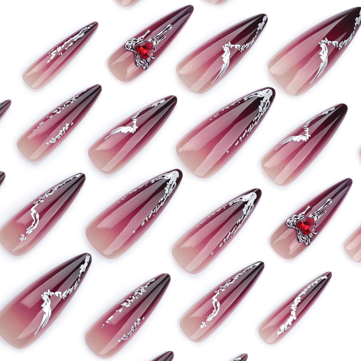 Stiletto Press on Nails Red Fake Nails Press ons with Heart Nail Charms Designs Long Ombre False Nails Acrylic Nails Full Cover Glue on Nails Artificial Stick on Nails for Women Manicure 24 Pcs - Image 3