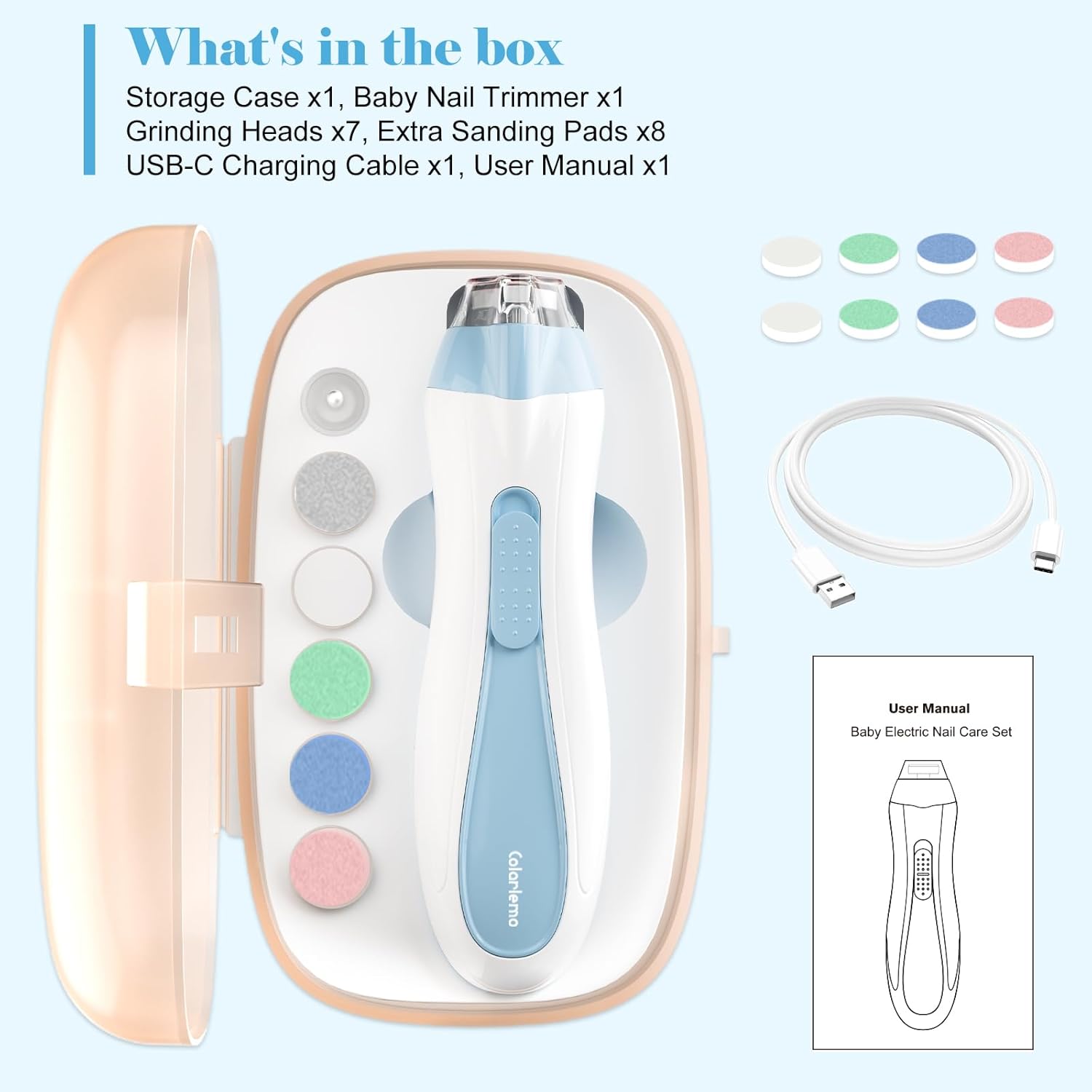 Rechargeable Baby Nail Trimmer Electric Baby Nail File, 15-in-1 Nail Clippers Filer Buffer Kit with Dust Cover LED Light for Newborn Infant Toddler Adult Toes Fingernails, Blue - Image 7