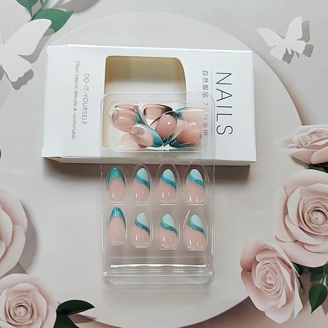 Light Blue French Tip Press on Nails Medium Almond - QUNQINLI Fake Nails Nude Pink False Nails Press ons with Glitter Curve Design Full Cover Nail Tips Acrylic Nail Art Kit for Women Girls 30 Pcs - Image 4