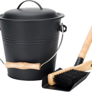 1.5-Gallon Metal Ash Bucket with Lid, Shovel, Broom - For Fireplaces, Wood Stoves