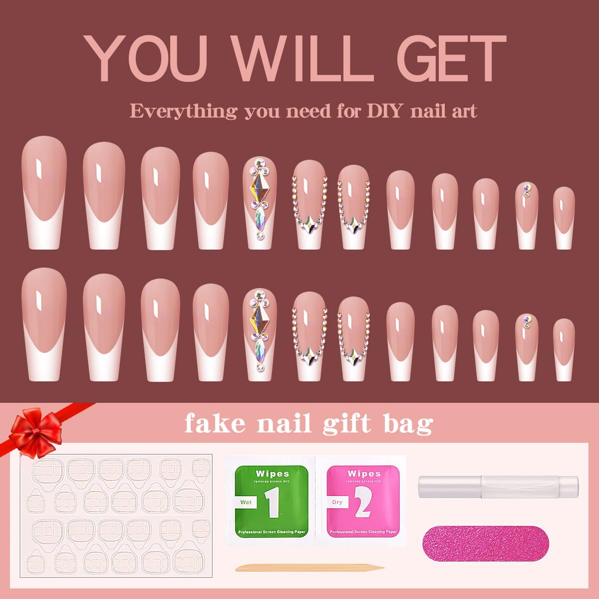 24 Pcs Bling Long Coffin Press on Nails Glitter Rhinestones Fake Nails Acrylic Ballerina French White Luxurious Sparkle Gem Glue on Nails Design False Nails for Women and Girls - Image 3