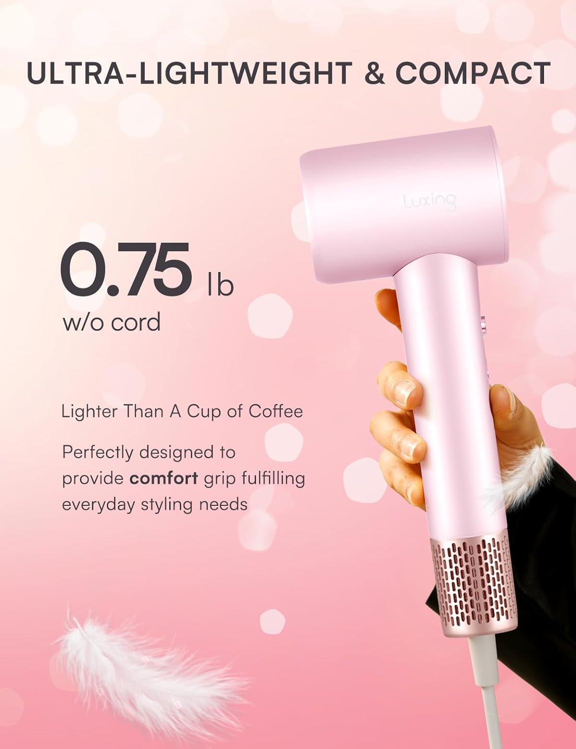 Professional Hair Dryer with Diffuser, TurboLux 1500W High-Speed Blow Dryer for Fast Drying, Lightweight, Ultra-Quiet, Diffuser Hair Dryer with 110000 RPM Brushless Motor (Pink) - Image 3