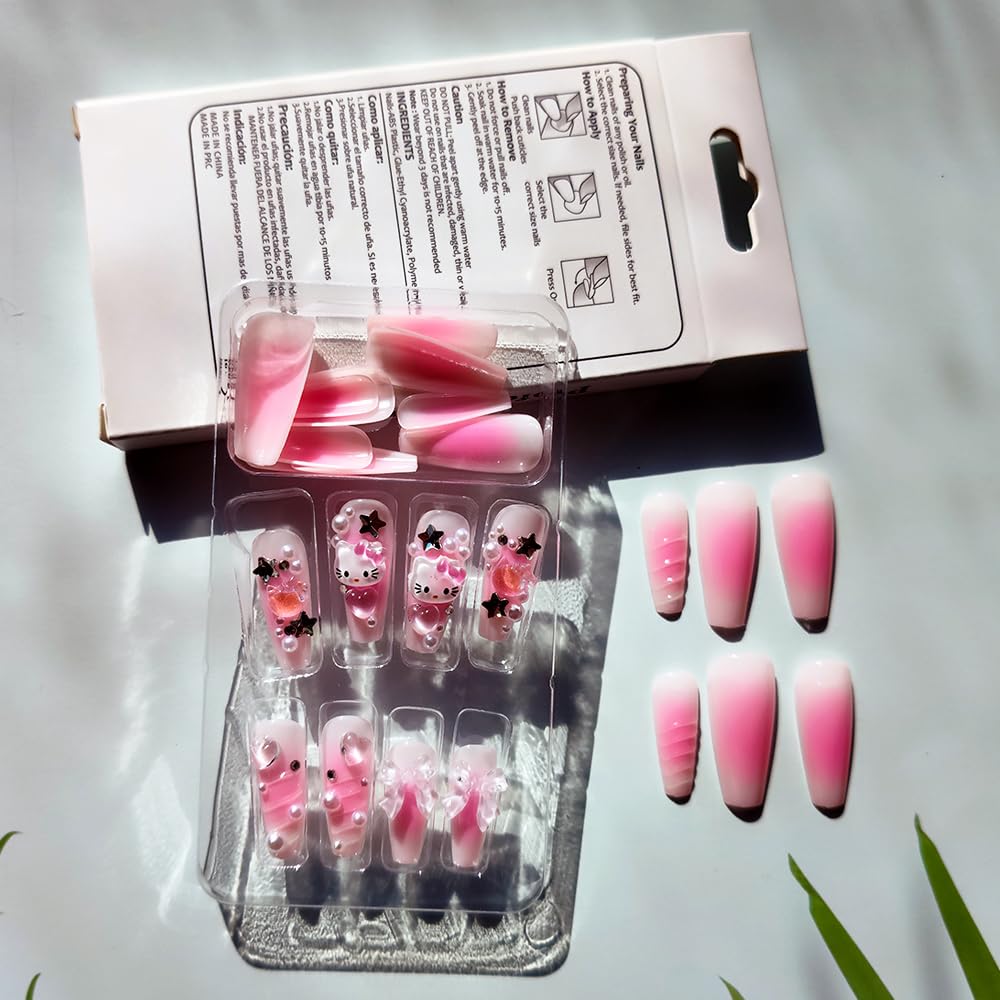 24Pcs Pink Coffin Nails Press on Nails Long Coffin Fake Nails with 3D Heart Pearl Star Nail Charms Design Nail Gems Diamond Pink Acrylic Nails Supply Full Cover False Nails Stick on Nails for Women - Image 5