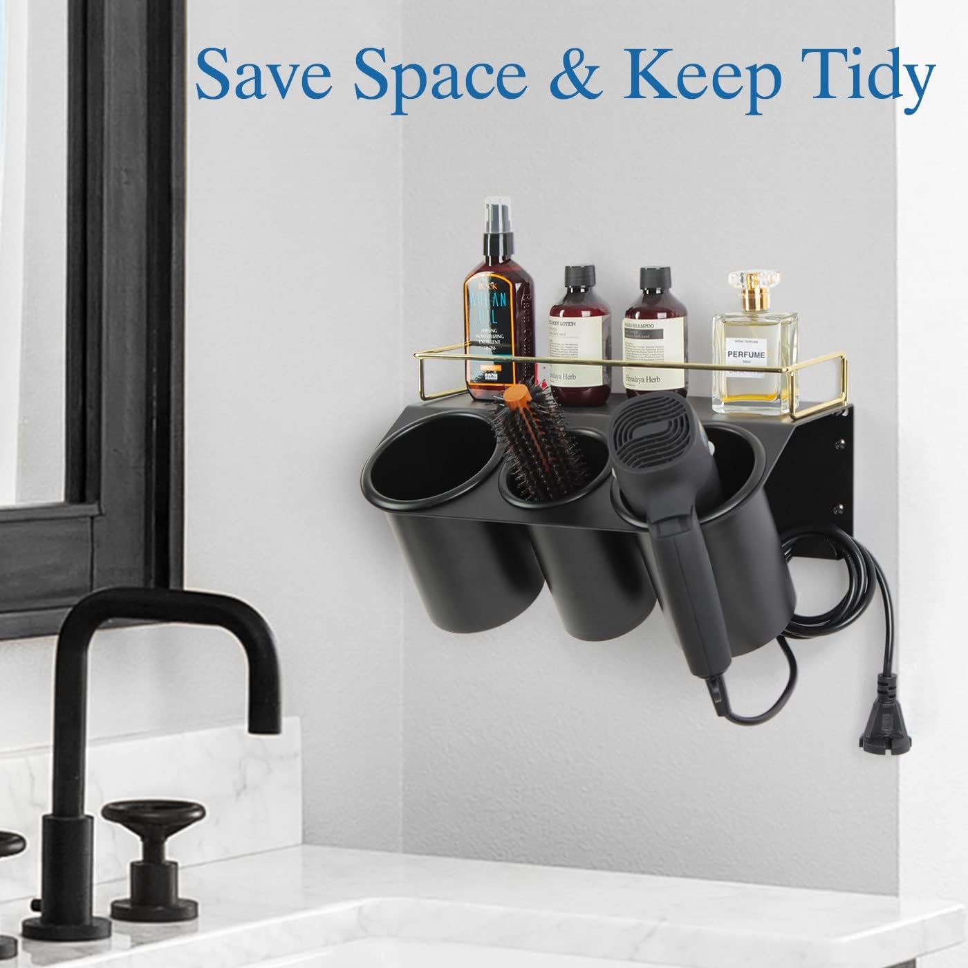 J JACKCUBE DESIGN Hair Dryer Holder Wall Mount Bathroom Vanity Hair Styling Care Tool Accessories 3 Cups Storage Organizer Caddy with Shelf Steel Black Gold- MK1002A (Black) - Image 2