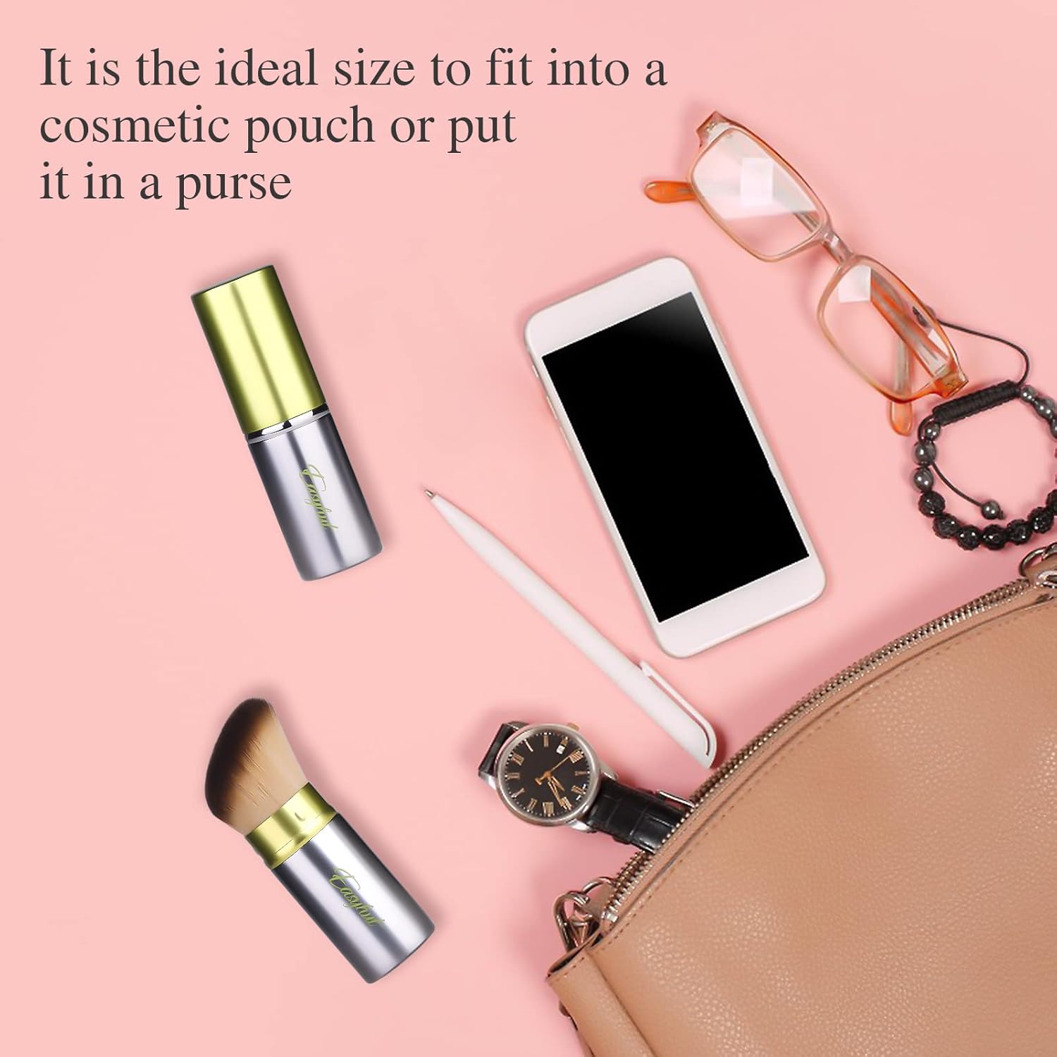 Retractable Kabuki Makeup Brushes 2 Pcs Blush Brushes Set Portable Powder Brushes with Flat and Angled Top for Liquid Cream Cosmetics Travel. (Silver Green) - Image 6