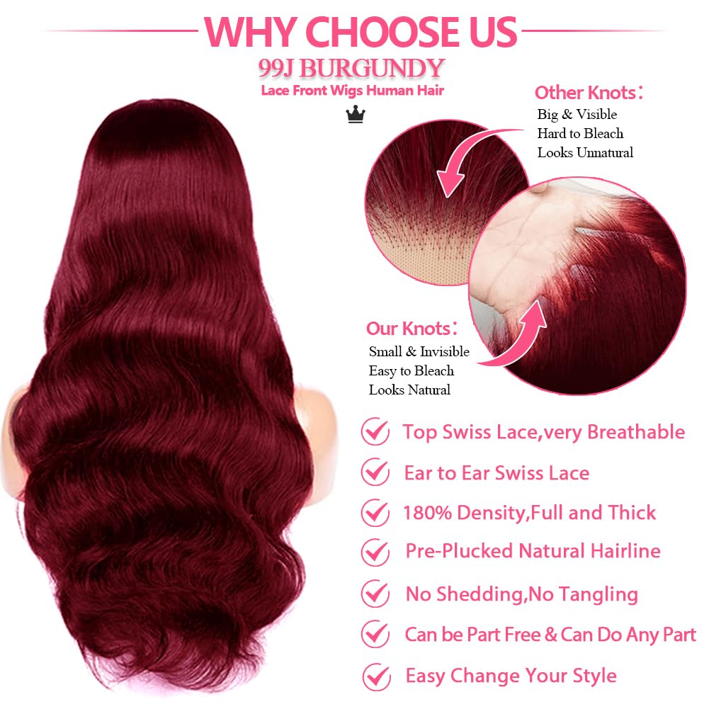 22inch 99j Burgundy Lace Front Wigs Human Hair Pre Plucked 180% Density 13x6 Body Wave HD Transparent Lace Frontal Glueless Wigs Human Hair Red Wigs For Black Women Natural Hairline with Baby Hair - Image 4