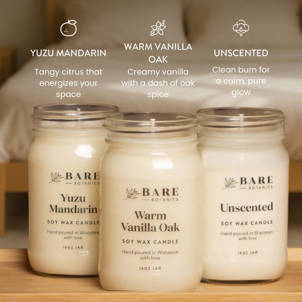 Bare Botanics Warm Vanilla Oak Scented Soy Candle - Premium Candle in 16 oz Mason Jar - 100% Natural Soy Wax & Plant-Based Fragrance Oils, Softly-Scented - Handpoured in WI - 60 Hrs Long Burning - Image 6