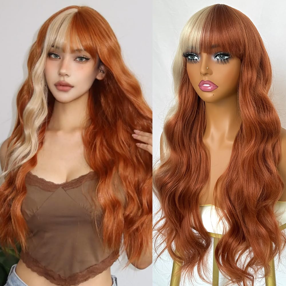 QD-Tizer Blonde and Copper Split Synthetic Hair Wig with Bangs Two Tone Hair Color Copper hair blonde highlights Long Wavy Curly Synthetic Wigs for Women Cosplay Party Wig Halloween Wigs