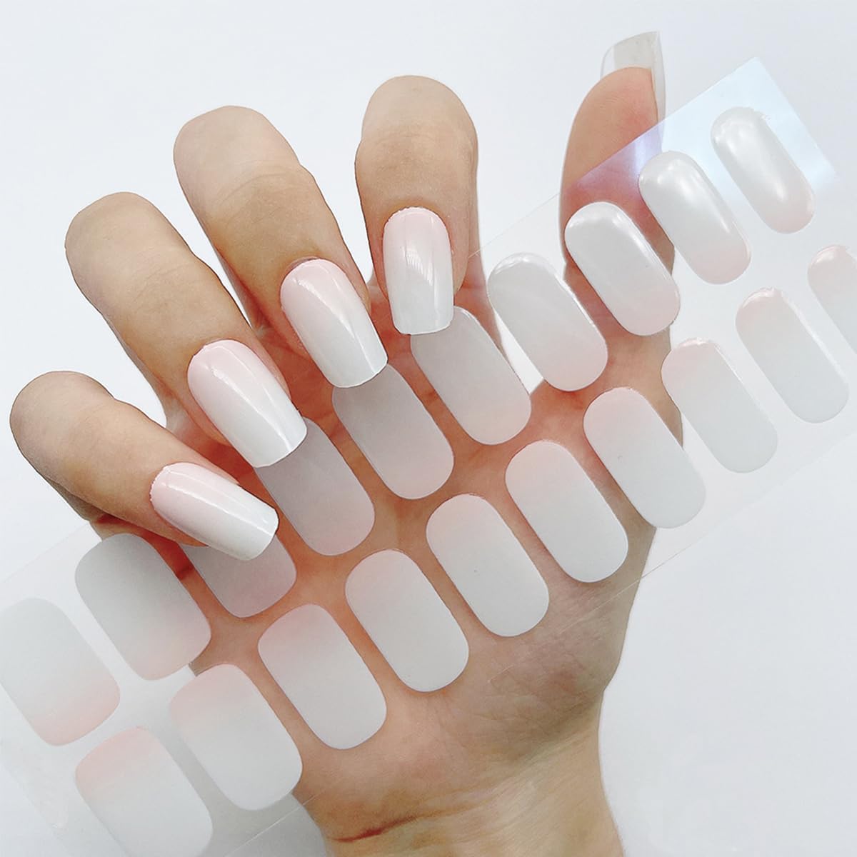 Gel Nail Stickers- 20 Pcs Nude White Gel Nails Strips Self-Adhesive Nail Wraps Full Glossy Stick on Nails Ombre Nail Polish Strips No Uv Light Needed Salon Quality Easy to Use and Remove