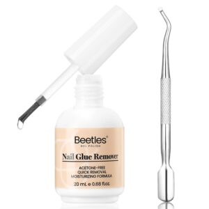 Beetles Nail Glue Remover Glue 20ml for False Nails, Press on Nails Glue Remover for Fake Nail Tips Acrylic Nail Adhesive Remover with Cuticle Pusher, Not for Uv Gel Glue or Gel Polish
