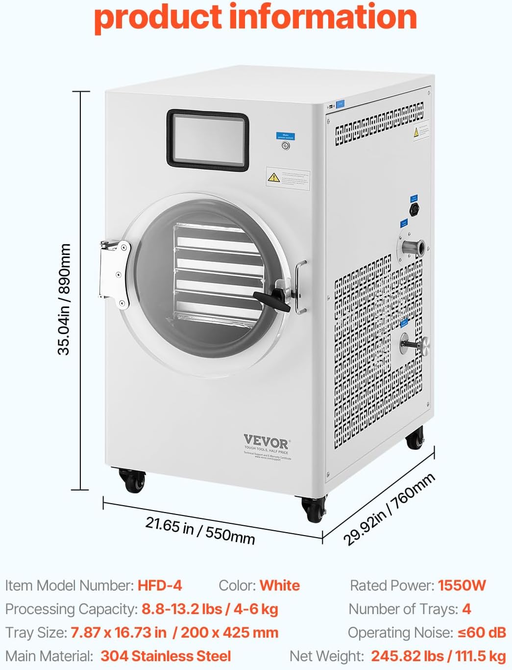 VEVOR Vacuum Freeze Dryer Machine, 8.8-13.2 LBS/Batch Food Freeze Drying Machine with 4-Layer Trays, Vacuum Pump, Adjustable Timer and Temperature Control, for Fruits Vegetables Meat, White - Image 7