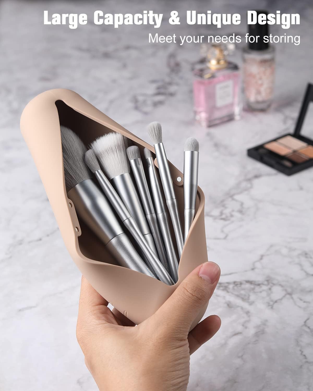 FERYES Large Travel Makeup Brush Holder, Magnetic Anti-fall Out Silicon Portable Cosmetic Face Brushes Holder, Soft and Sleek Makeup Tools Organizer for Travel- (8.27 * 2.36 * 1.57) - Image 2