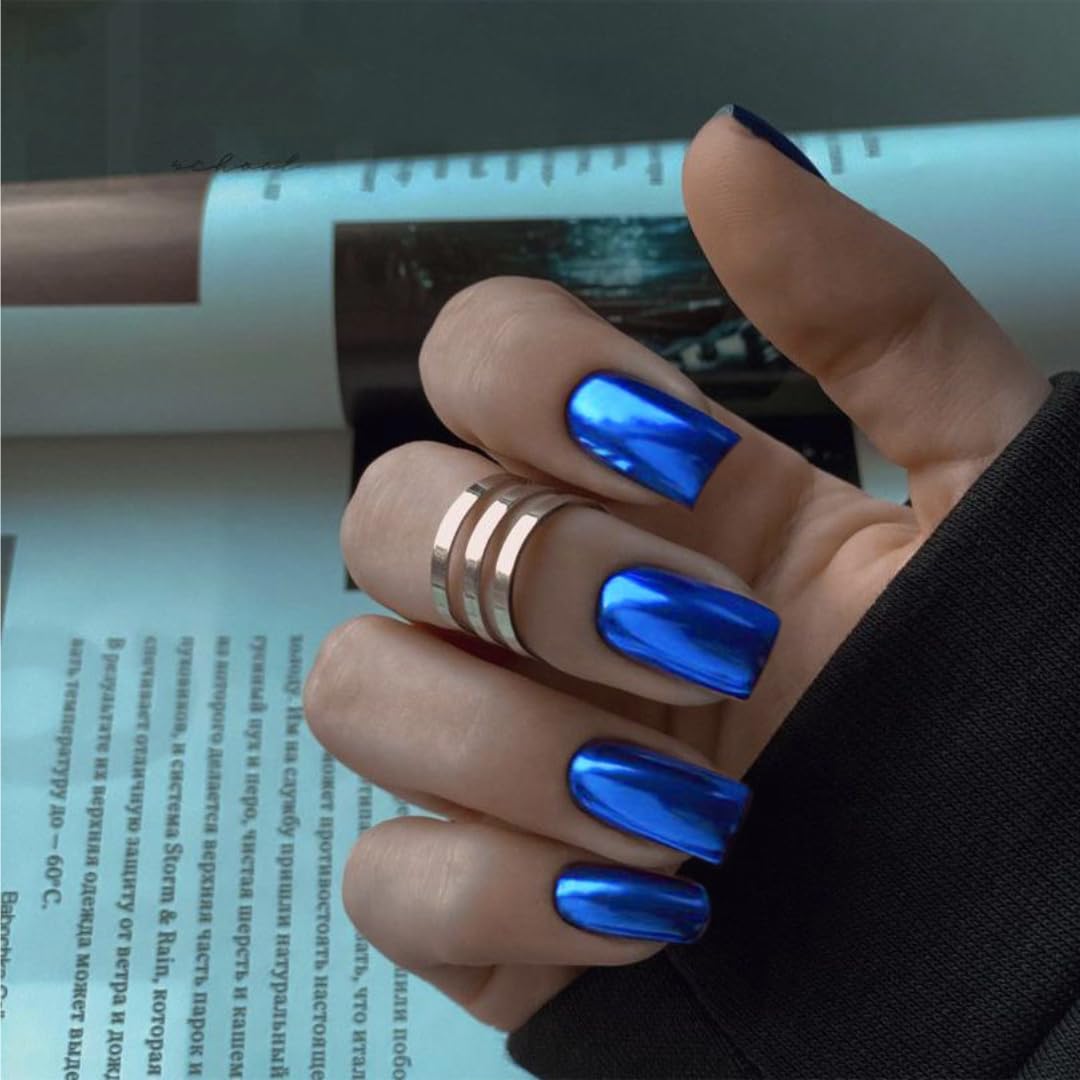Royal Blue Chrome Glazed Medium Short Square Reusable Acrylic Press On Nails for Women - Image 2