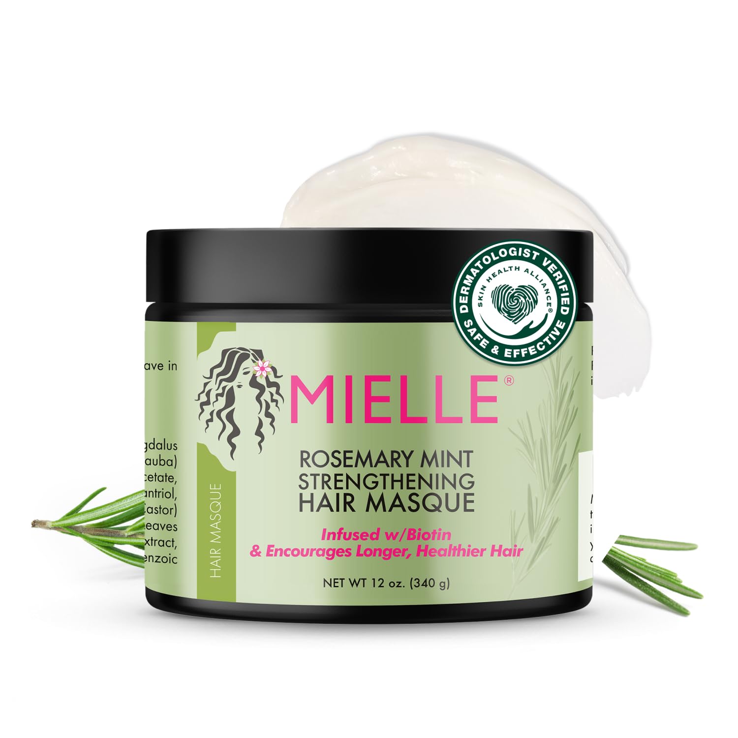 Mielle Organics Rosemary Mint Strengthening Hair Masque, Essential Oil & Biotin Deep Treatment, Miracle Repair for Dry, Damaged, & Frizzy Hair (12 Oz)