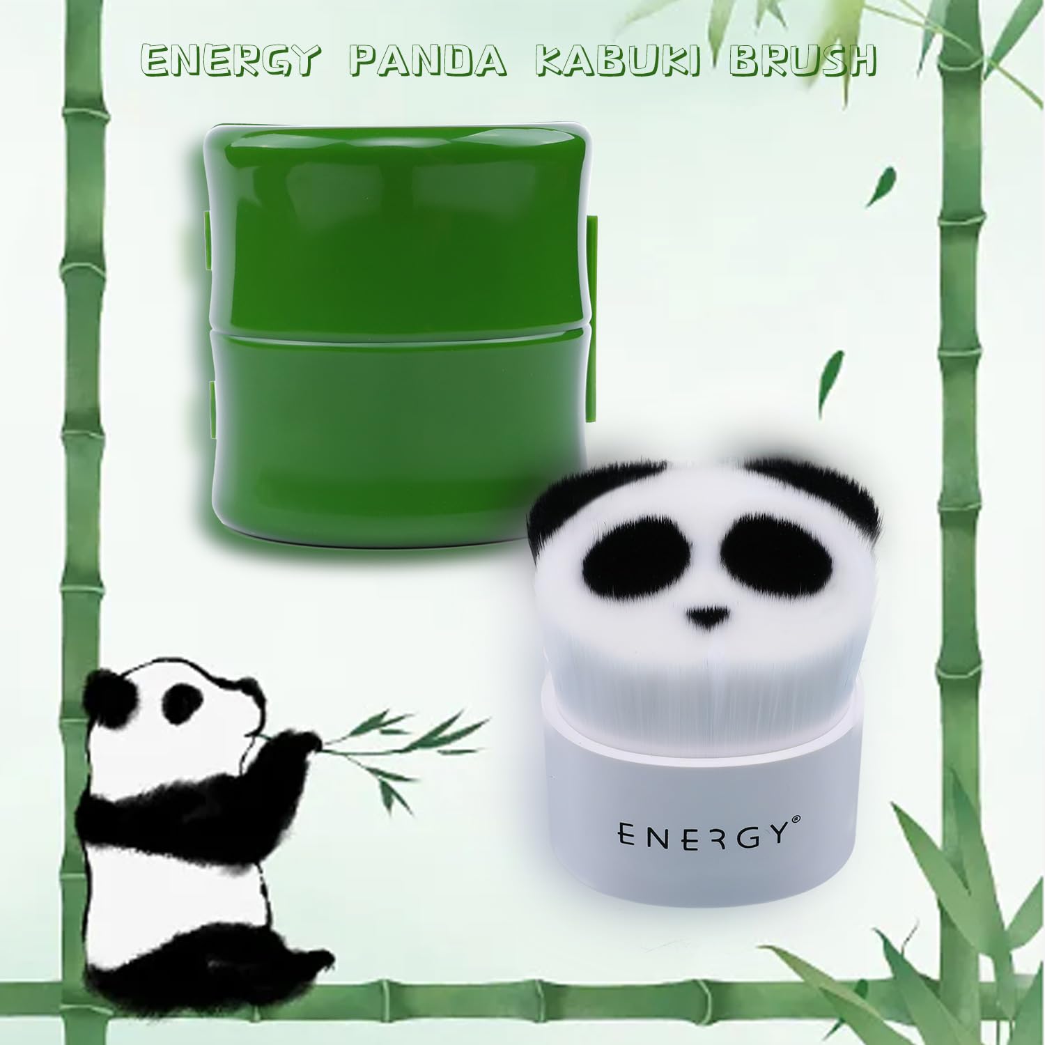ENERGY Kabuki Brush Panda Foundation Makeup Brush for Liquid Cream Foundation Vegan Synthetic Blending Buffing Contouring Face Brush with Travel Case, green - Image 2
