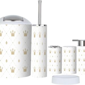 Bathroom Accessories Set 6 Pcs Seamless Retro Style Gold Crown White Toothbrush Holder Cup Soap Dispenser Soap Dish Toilet Brush Holder Trash Can for Countertop Decor