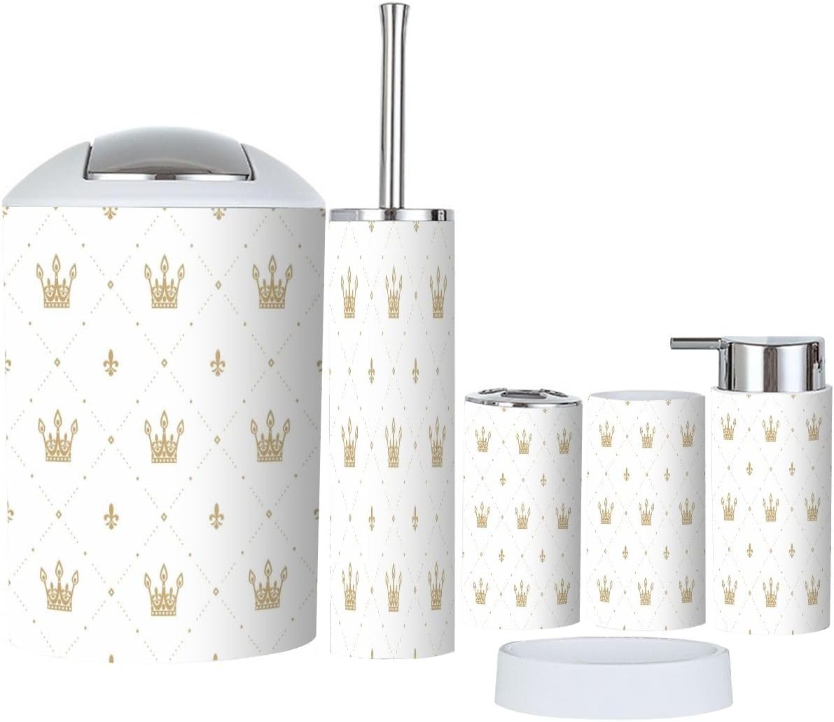 Bathroom Accessories Set 6 Pcs Seamless Retro Style Gold Crown White Toothbrush Holder Cup Soap Dispenser Soap Dish Toilet Brush Holder Trash Can for Countertop Decor