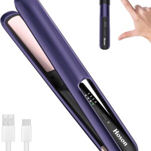 Hoson Cordless Hair Straightener,Portable Mini Flat Iron Travel for Bangs,Short Hair, Rechargeable Curling Iron and Curler 2 in 1,Purple,for Touch Ups